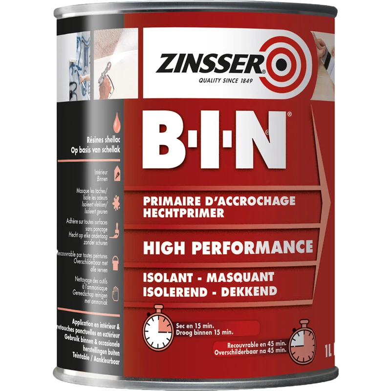 Primaire D'accrochage Ultra Isolant B-I-N Zinsser 1L 1 Primaire D'accrochage Ultra Isolant B-I-N Zinsser 1L