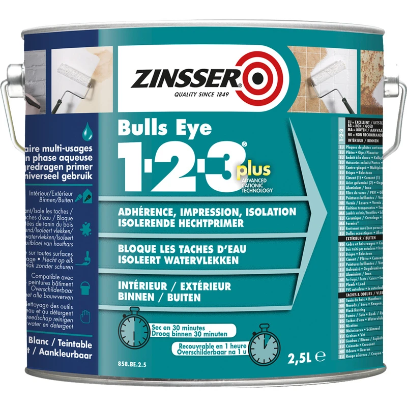 Primaire Isolant Universel Bulls Eye 1-2-3 Plus Zinsser 2,5L 1 Primaire Isolant Universel Bulls Eye 1-2-3 Plus Zinsser 2,5L